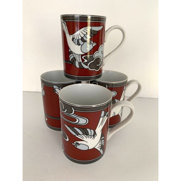 Set of 4 Rare Fitz & Floyd Mouchet d'Argent Mugs Cups 1978 Cinnamon Red & Gray - Picture 11 of 12